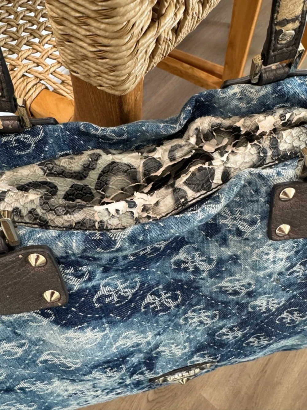 Vintage GUESS Blue Denim Logo Print Large Monogram Y2K Tote Shoulder Bag-READ